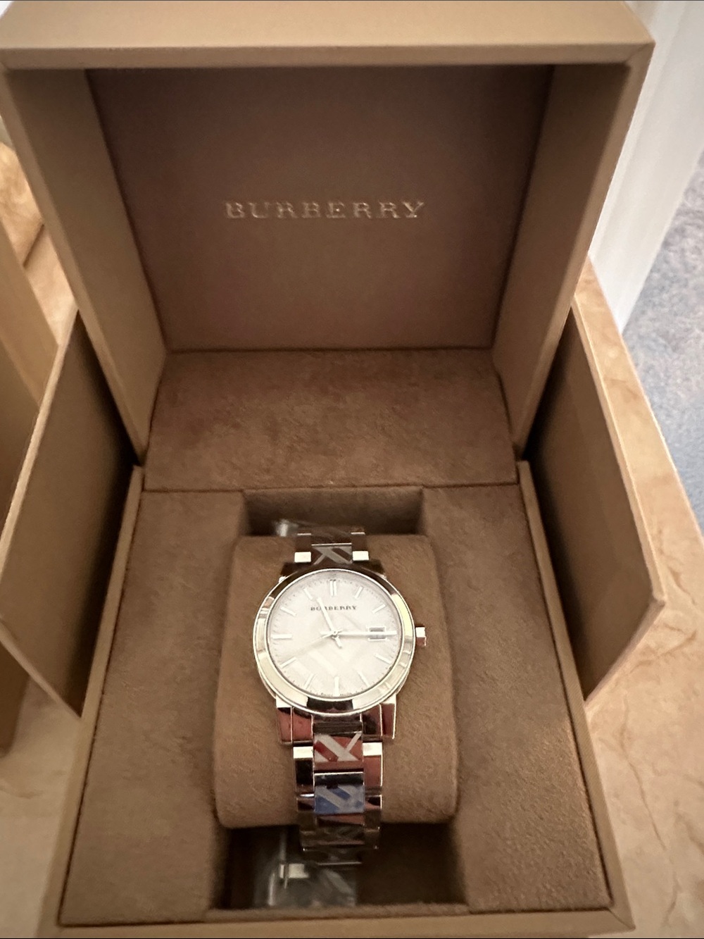 Burberry Silver Women’s Stainless Steel Watch with White Dial